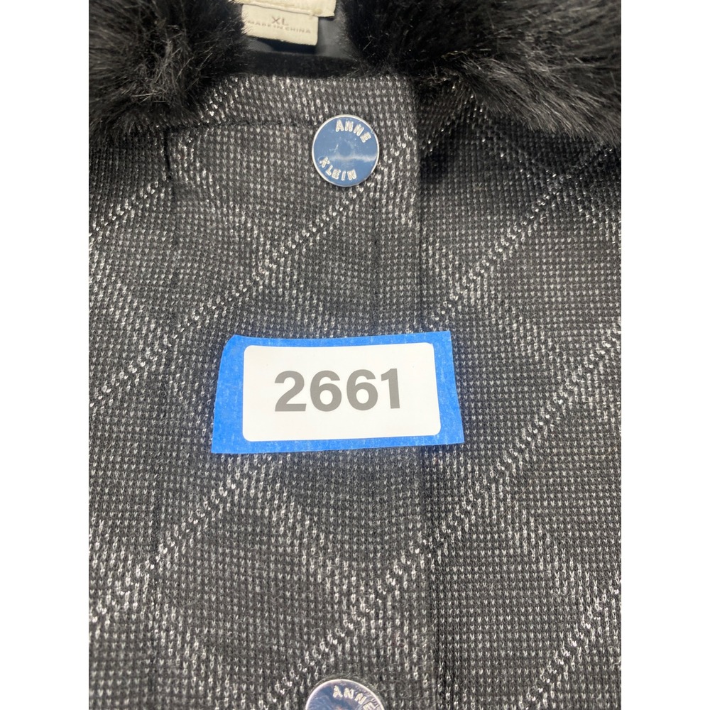 Anne Klein Quilted Jacket Faux Fur Collar Gray Metallic Diamond Women XL Coat